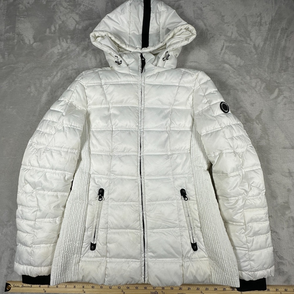 Nautica Womens Medium White Quilted Puffer Jacket Lined Down Hooded Full Zip